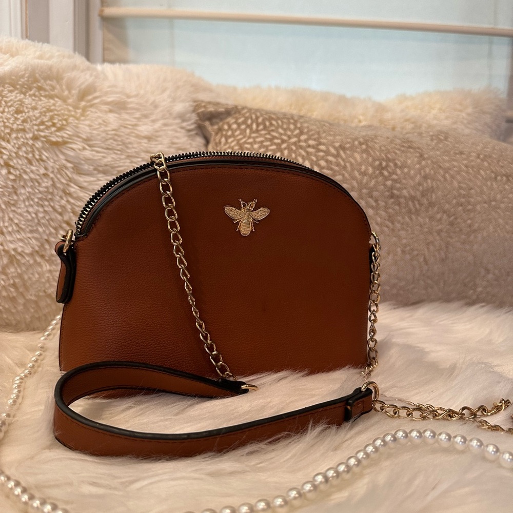 Brown Faux Leather Crossbody Bag with Chain Strap